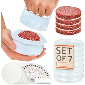 Hamburger Press Patty Maker - 4 in1, Burger Mold, Patty Press, 7 Storage Containers, 100 Round Papers - Hamburger Patty Maker Tool for BBQ - Burger Shaper for Meat, Veggie Patties