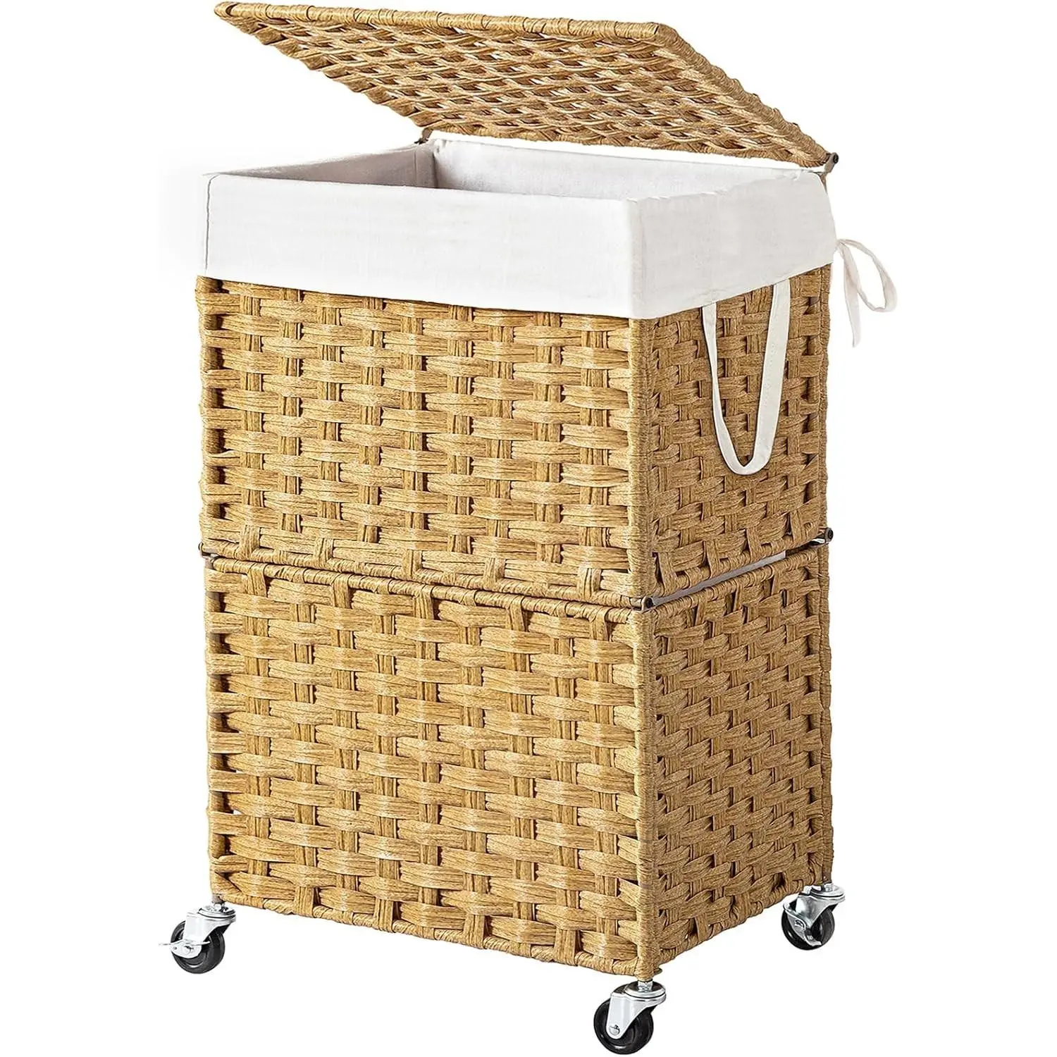 90L Slim Laundry Hamper with Wheels, Rolling Laundry Basket with Lid and Renovable Liner Bag, Handwoven Rattan Organizer for bedroom, bathroom, laundry room (Yellow)