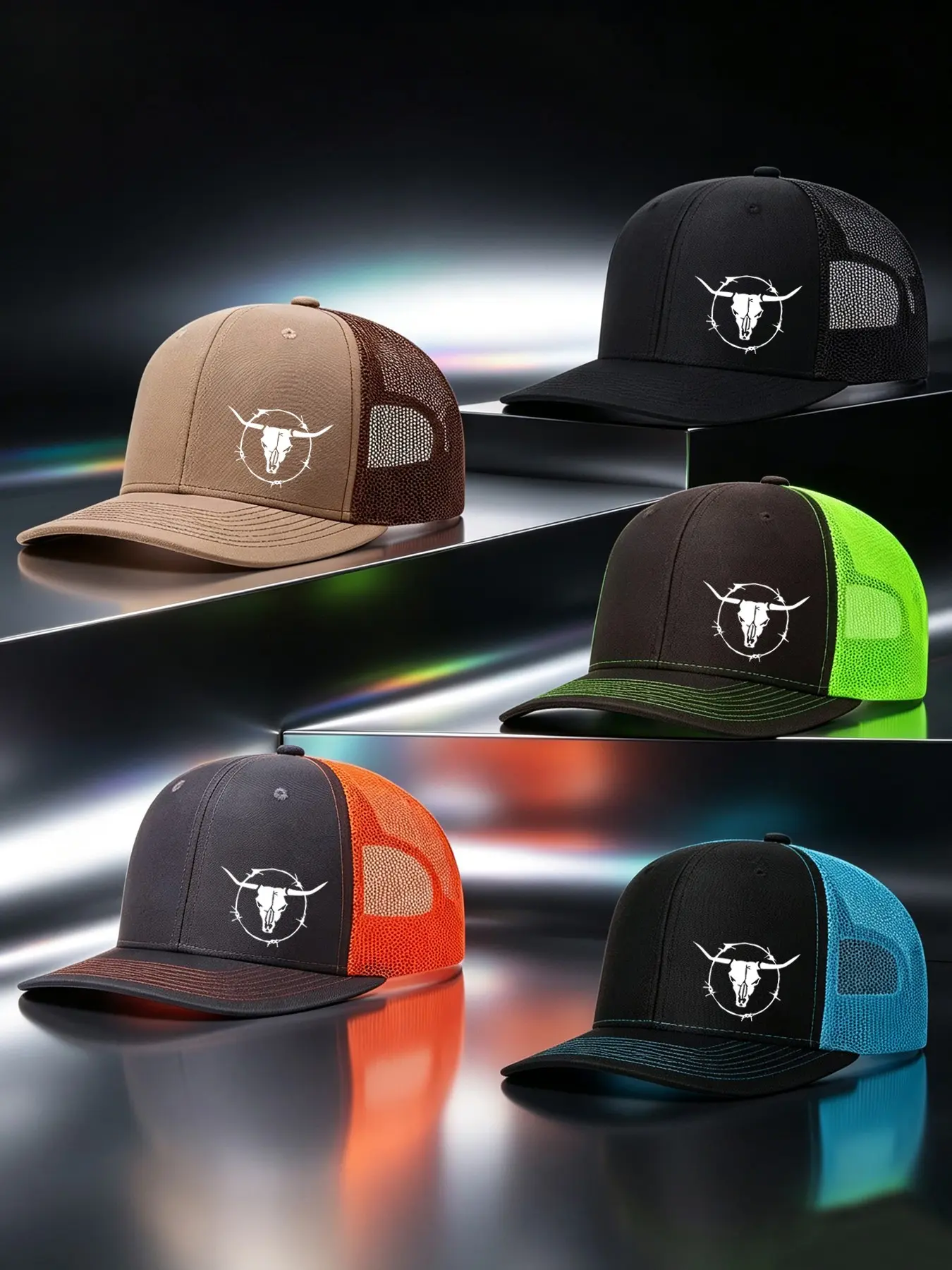 5pcs Unisex Trucker Hat Bull Head Printing Mesh Baseball Cap Richardson Slightly Curved Brim Baseball Cap Adjustable Dad Hats Outdoor Mesh Breathable Sun Hat Gift for Men Women Trucker Caps