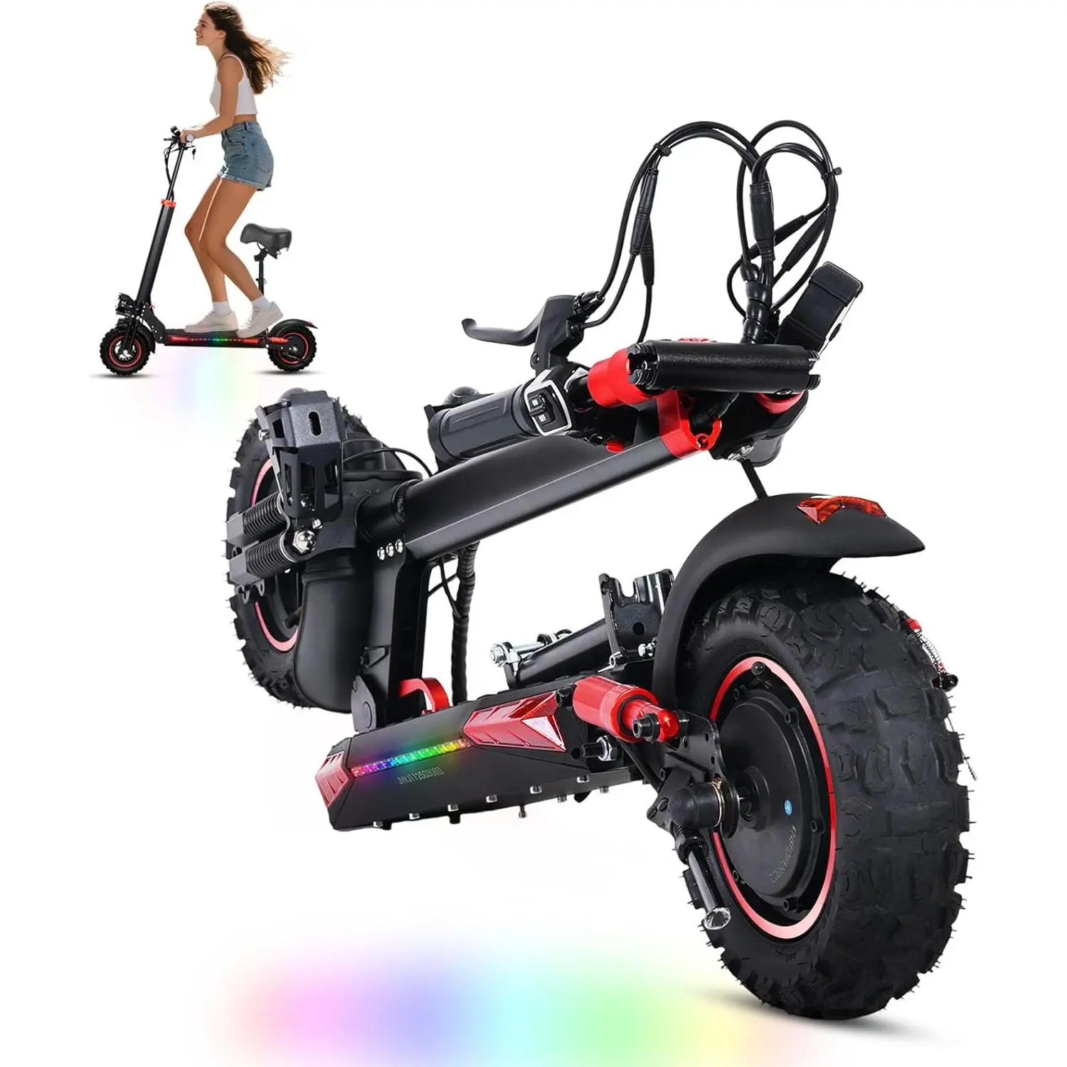 Adult Foldable Electric Scooter (1200W/1600W) - 37 Mi Range, 11-Inch Off-Road Tires, 34 Mph Speed, 3 Speed Levels, Dual Suspension & Braking Systems, Lights, Detachable Seat, 6 Months Support, All-Terrain Commuter E-Scooter, Adjustable Handlebar Height, Q