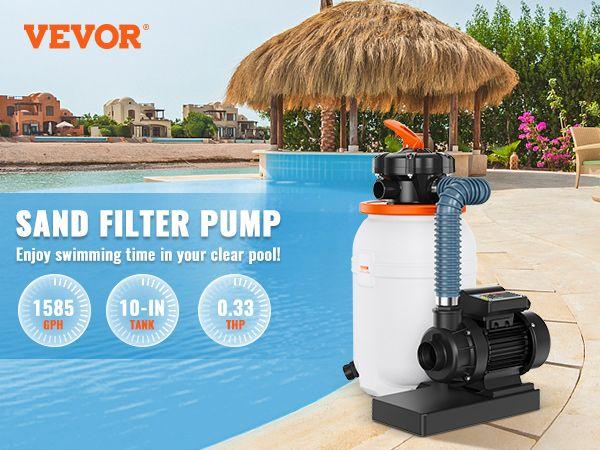 VEVOR Sand Pump for Above Ground Pools, 10-inch, 1585 GPH, 0.33 HP Swimming Pool Pumps System & Filters Combo Set with 5-Way Multi-Port Valve & Pressure Gauge, for Domestic and Commercial Pools