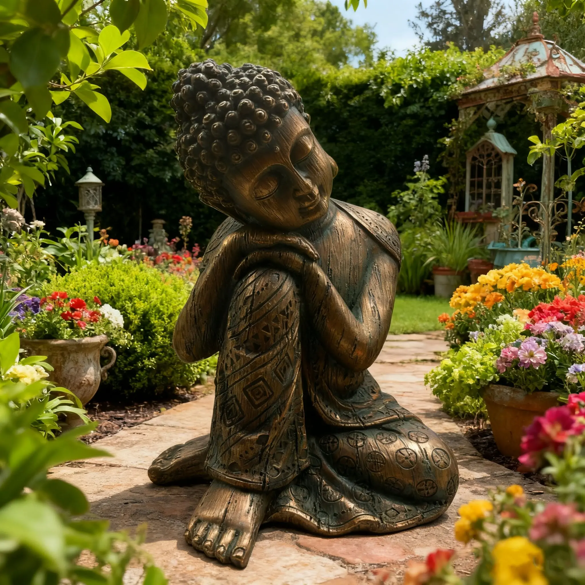 Bronze Sitting Buddha Statue, Resin Garden Ornament for Gardens, Courtyards, Tea Rooms, Outdoor Spaces, Decorative Sculpture