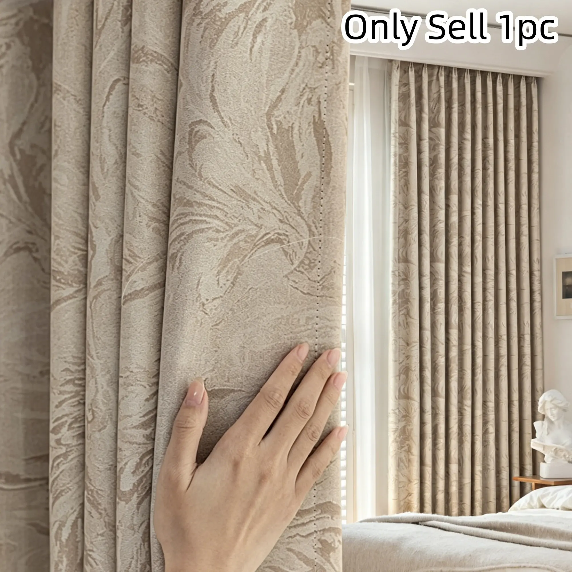 1pc Italian Minimalist Luxury Blackout Thermal Insulated Window Curtain, Blackout Curtains, Marble Texture, Insulating, Low Saturation Cream Color, Enhances Living Room Elegance, Blackout Window Cover