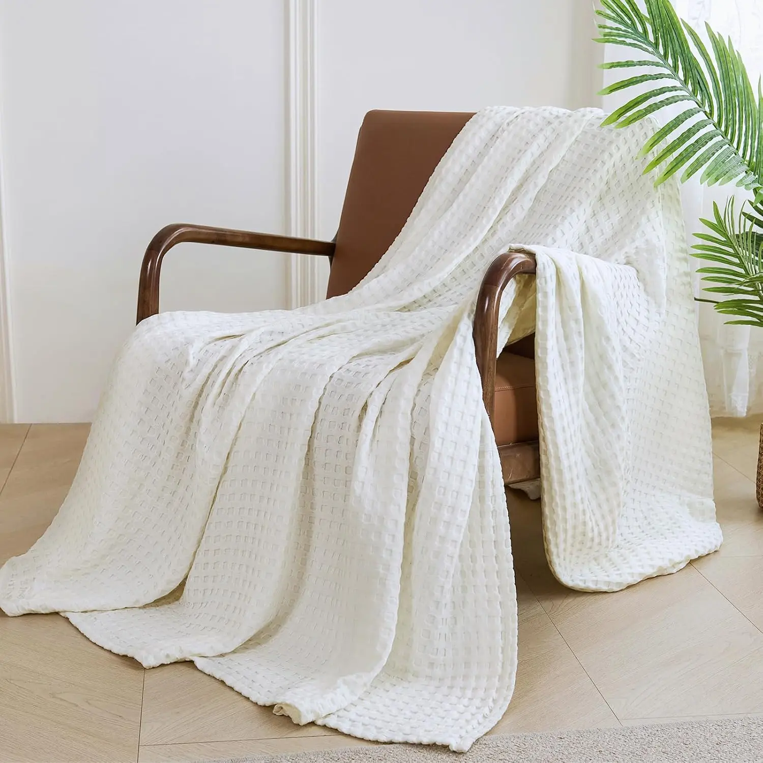 Waffle Weave Cooling Blanket for Hot Sleepers, Rayon Blend Lightweight Summer Blanket, Modern Multi-Size Throws for Home/Sofa/Bed, White, 50x70 Inches