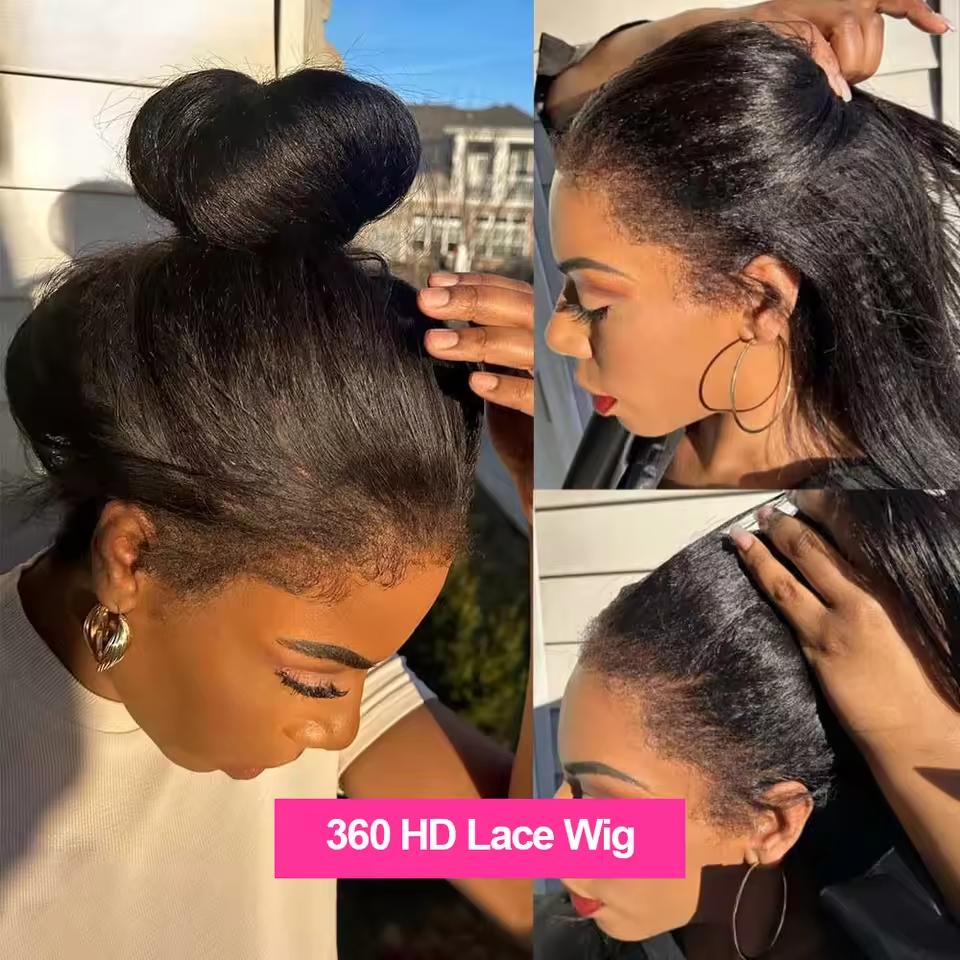 Bling Hair 360 Glueless Wigs Kinky Straight 360 Full Skin Lace Frontal Wig Invisible Strap Pre Plucked Pre Cut Natural Hairline Human Hair Wig