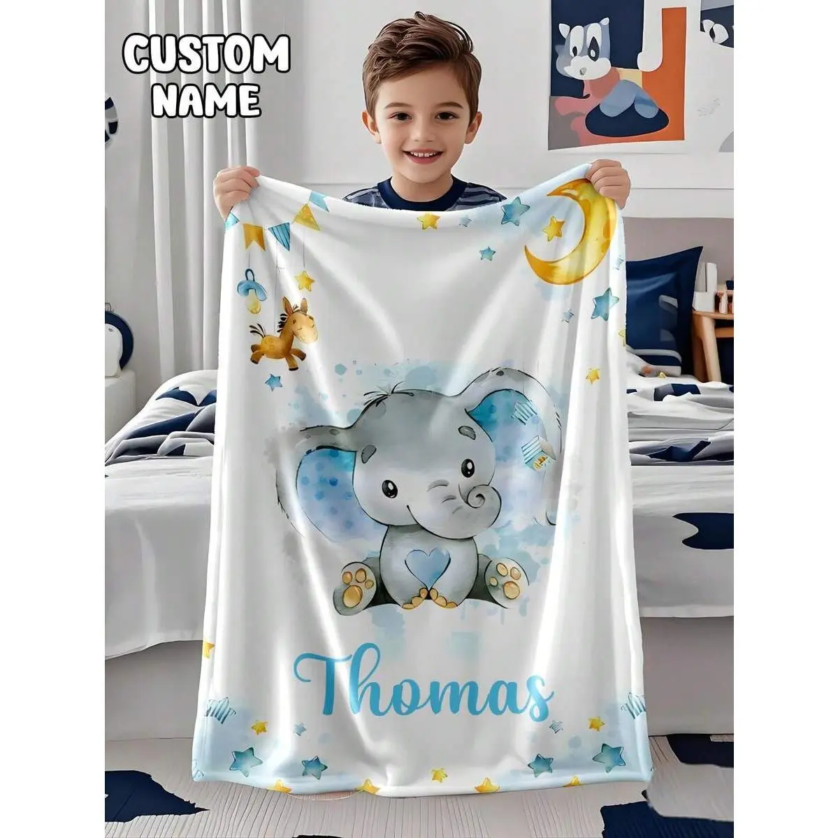 Custom Name Watercolor Elephant Flannel Throw Blanket for Baby Boy, Personalized Cute Animal Decor Soft Cozy Warm Gift, Customizable Text Room Decor Blue Essential