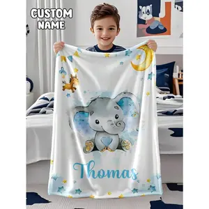 Custom Name Watercolor Elephant Flannel Throw Blanket, Personalized Baby Boy Name Blanket with Cute Animal Nursery Decor, Soft Cozy Warm Baby Shower Newborn Gift for Infant Toddler, Customizable Name Text Baby Room Decor, Blue Nursery Essentials