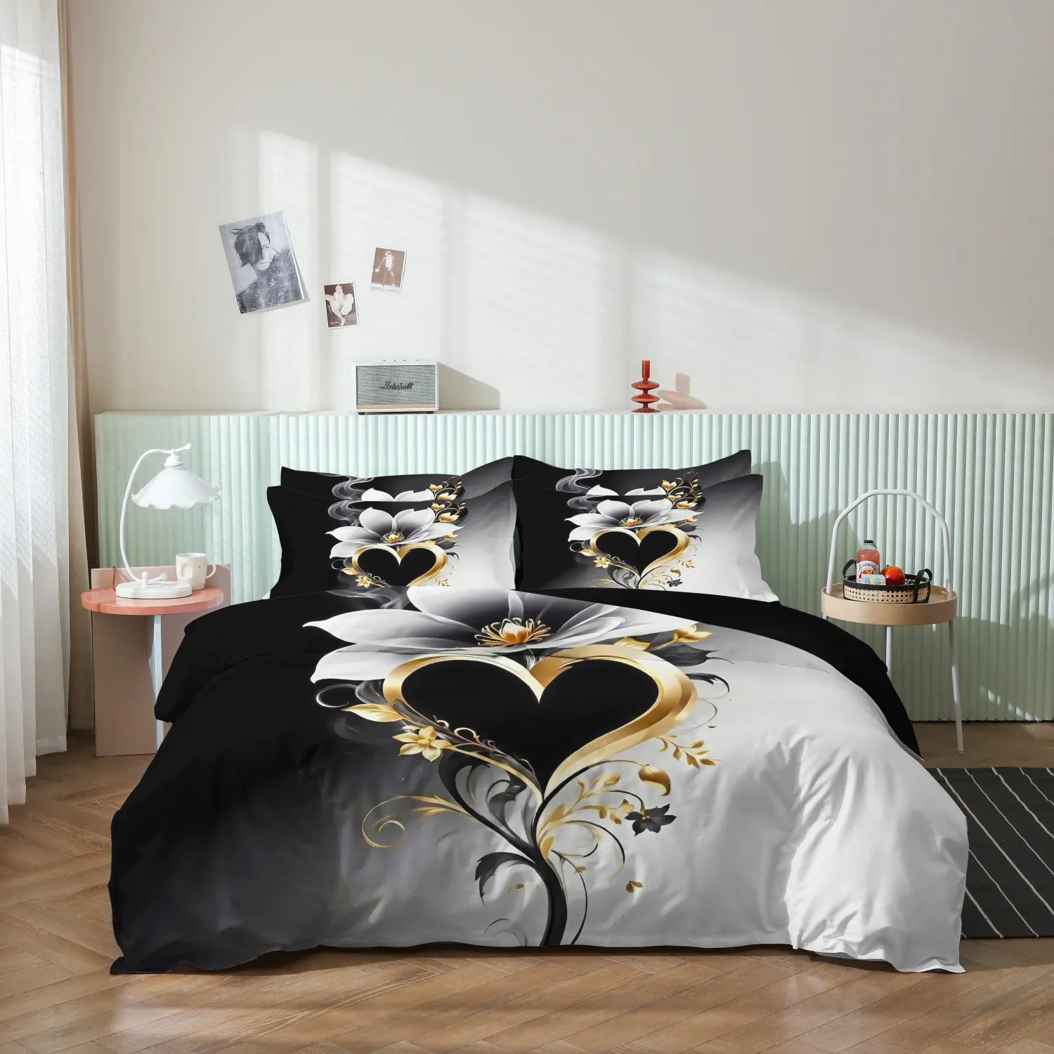 3Pcs Romantic Golden Heart Floral Duvet Cover Set, Black White Magnolia Golden Vine Printed Decorative Bedding Set, For Bedroom Home Decoration, Multiple Sizes Available (1 Duvet Cover + 2 Pillowcases, No Comforter No Pillow)