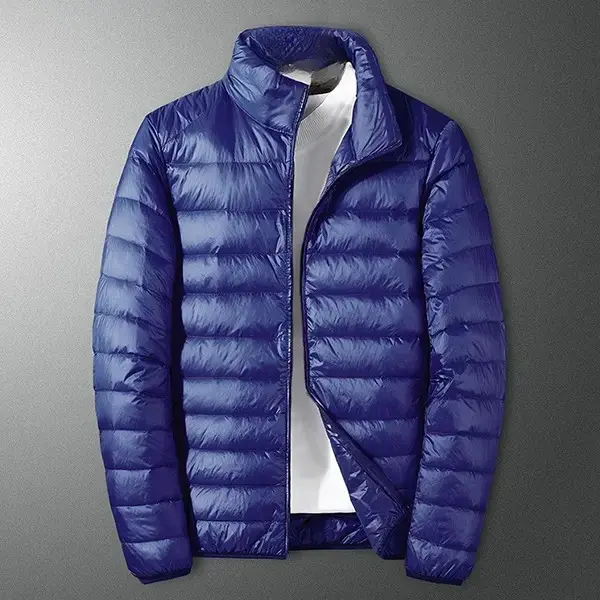 Men's Minimalist Royal Blue Collared Neck Puffer Jacket - Lightweight, Packable, Foldable, Casual Sportswear for Fall/Winter Outdoor Use