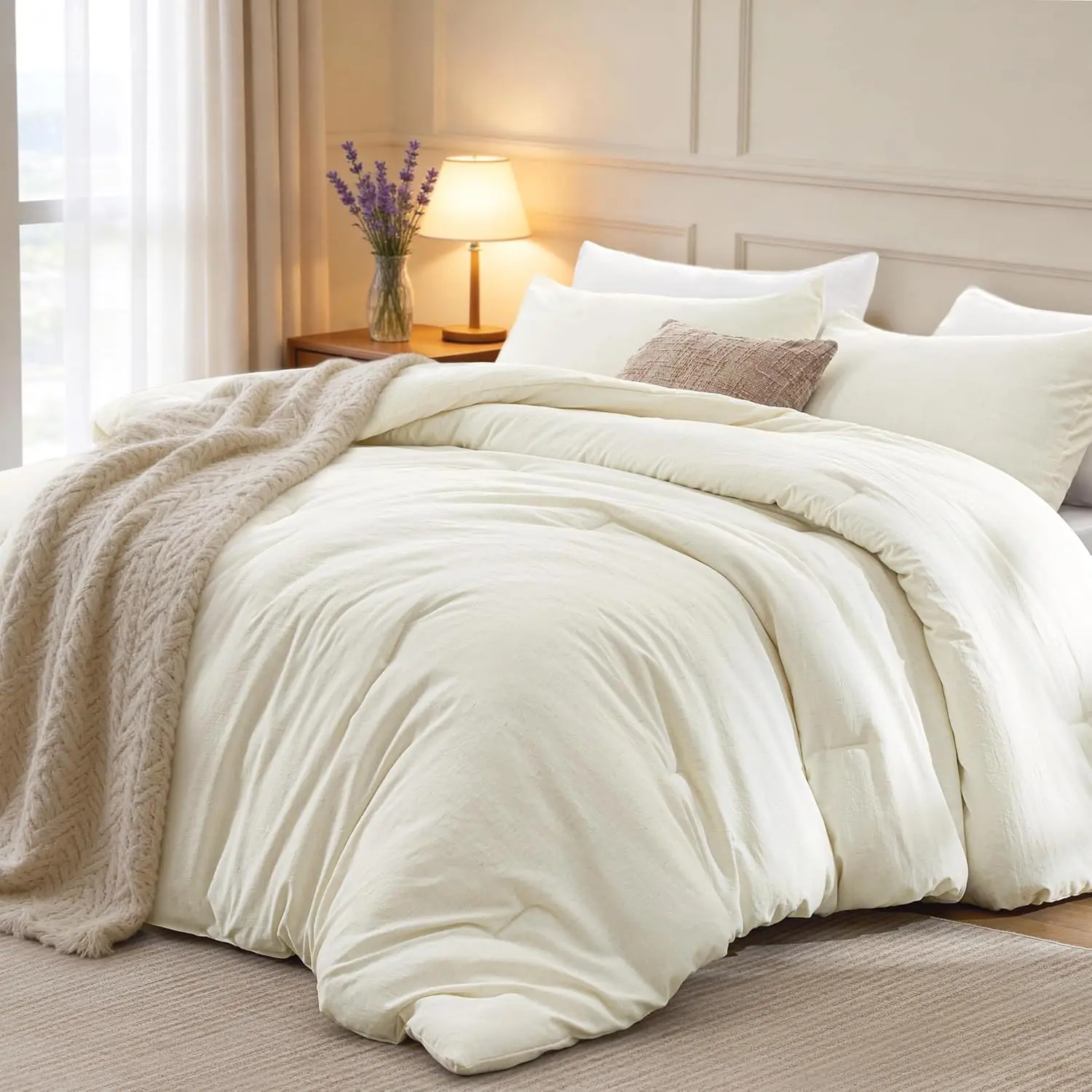 Twin/Twin XL Comforter Set Beige, 2-Piece 90% 10% Bedding Set,-Look Textured Stripe, Down Alternative All-Season Comforter with Pillow Sham