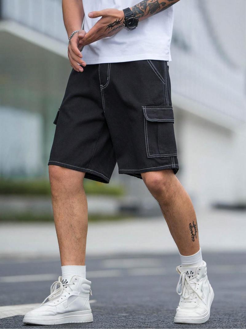 Men's Solid Flap Pocket Cargo Shorts, Loose Casual Fashion Denim Shorts for Daily Outdoor Wear, Men Bottoms for Summer, Lightweight Shorts