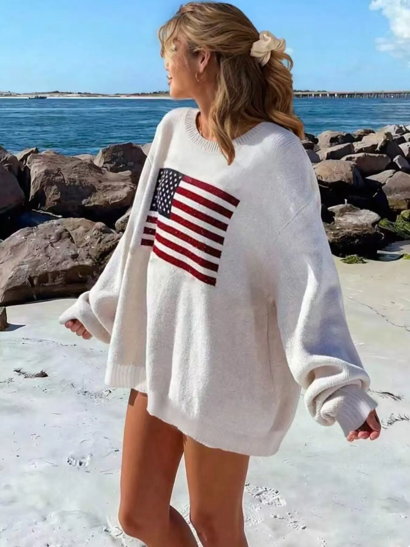 American Vintage Flag Embroidered Loose Sweater for Women, Fall Winter Lazy Shoulder Round Neck Knitwear, Casual Outerwear Top