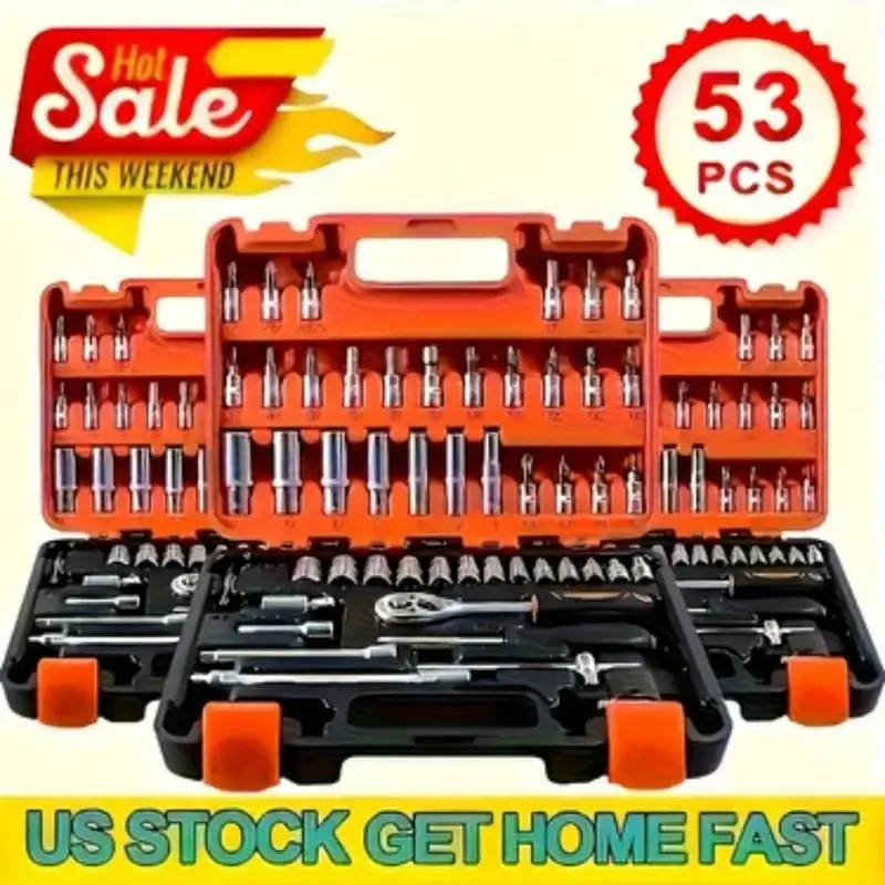 53-Piece Car Repair Tool Set with Storage Box, Universal Ratchet Wrench Kit for Cars Bikes Motorcycles, Multi-Function Torque Wrench