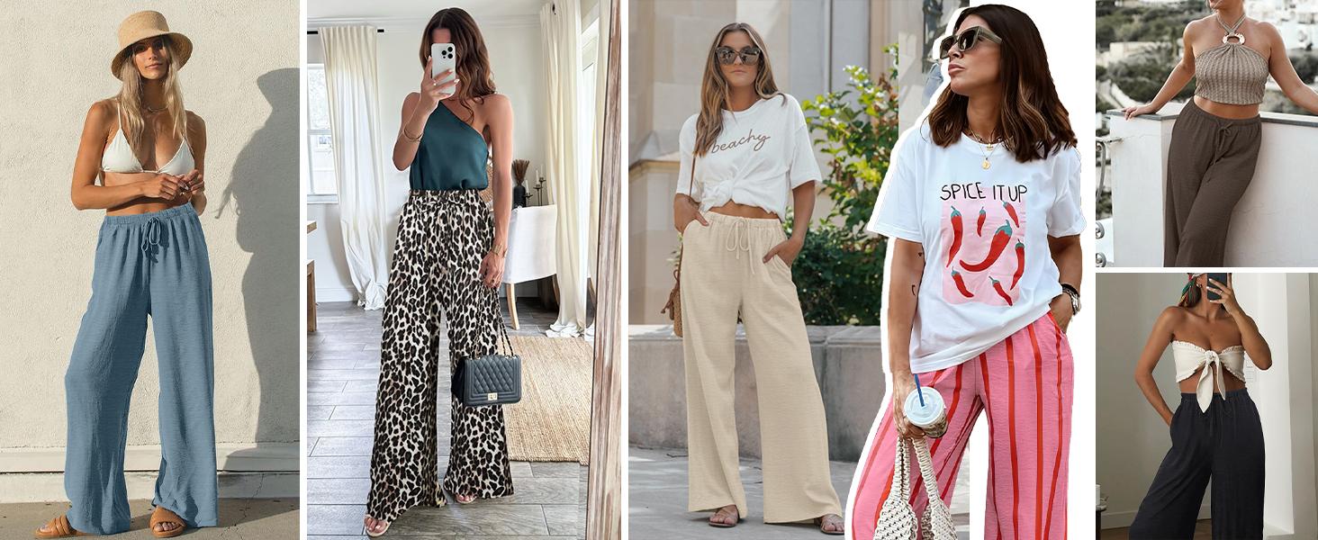 Wiholl Wide Leg Pants for Women Flowy Palazzo Drawstring Elastic Waist Trousers with Pockets Summer Beach Vacation Clothes