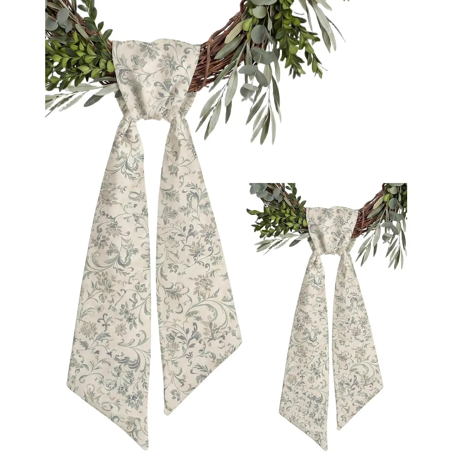 2 Pack Sage Green Floral Wreath Sashes for Front Door, Matching Chinoiserie Scroll Ribbon Pair, 55 Inch Cream  Double Door Ribbons for Spring Easter Decor