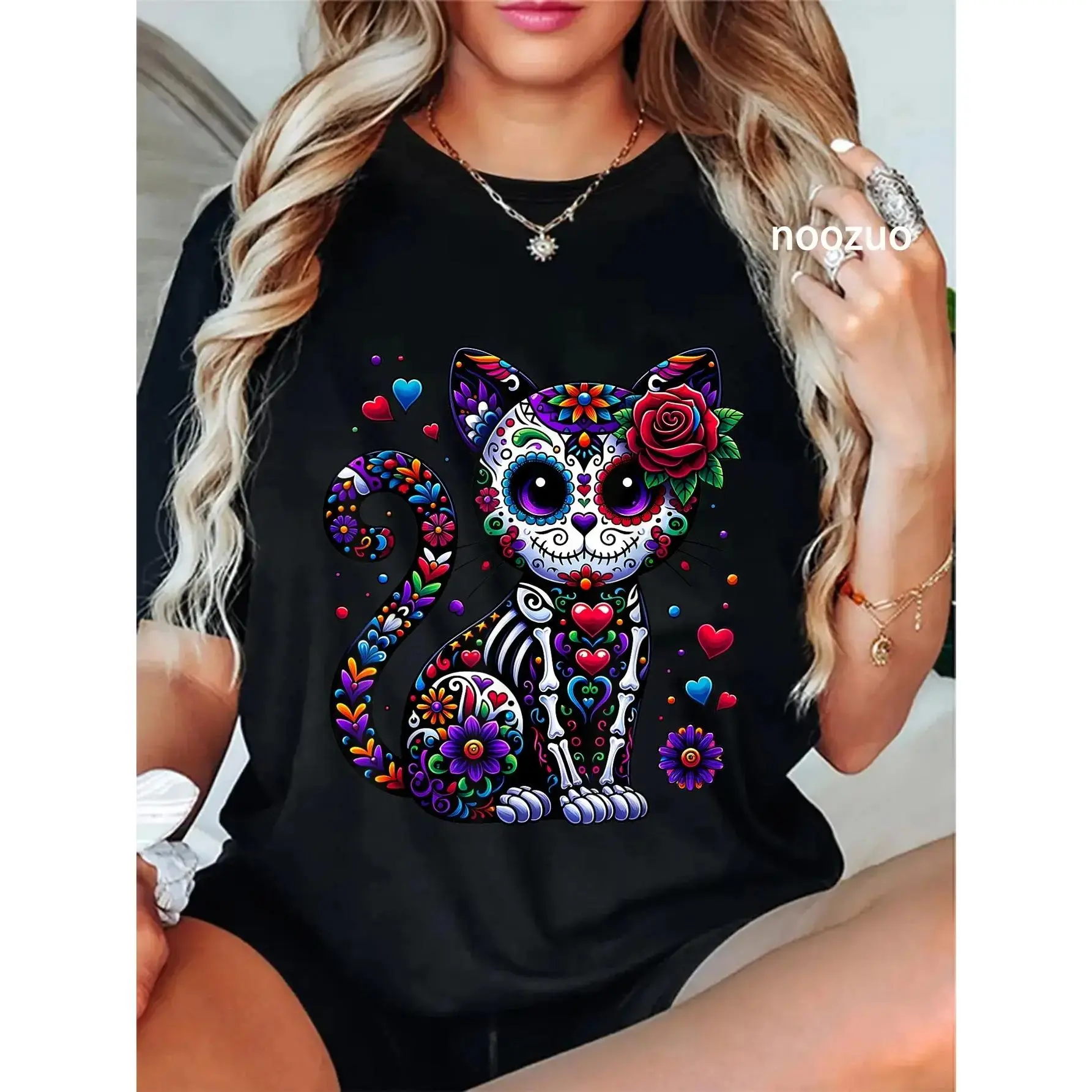 Women's Graphic T-Shirt with Vintage Sugar Skull Cat Print, 100% Cotton Dia de los Muertos Round Neck Everyday Tee