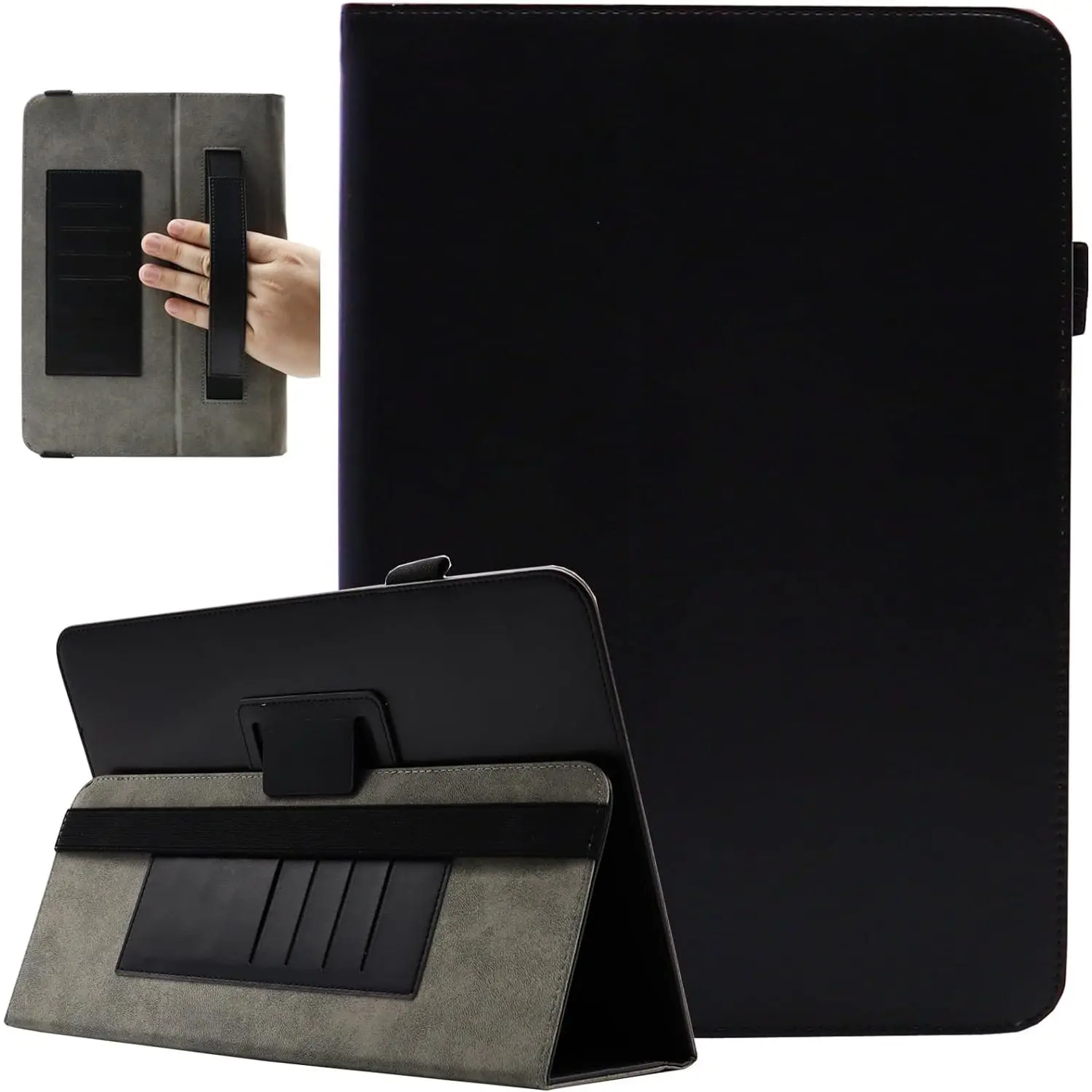 7 8 Inch Tablet Case,  Protective Folio Stand Android Case for 7.0-8.5 Inch Tablet with Hand Strap and Cards Slots, Black