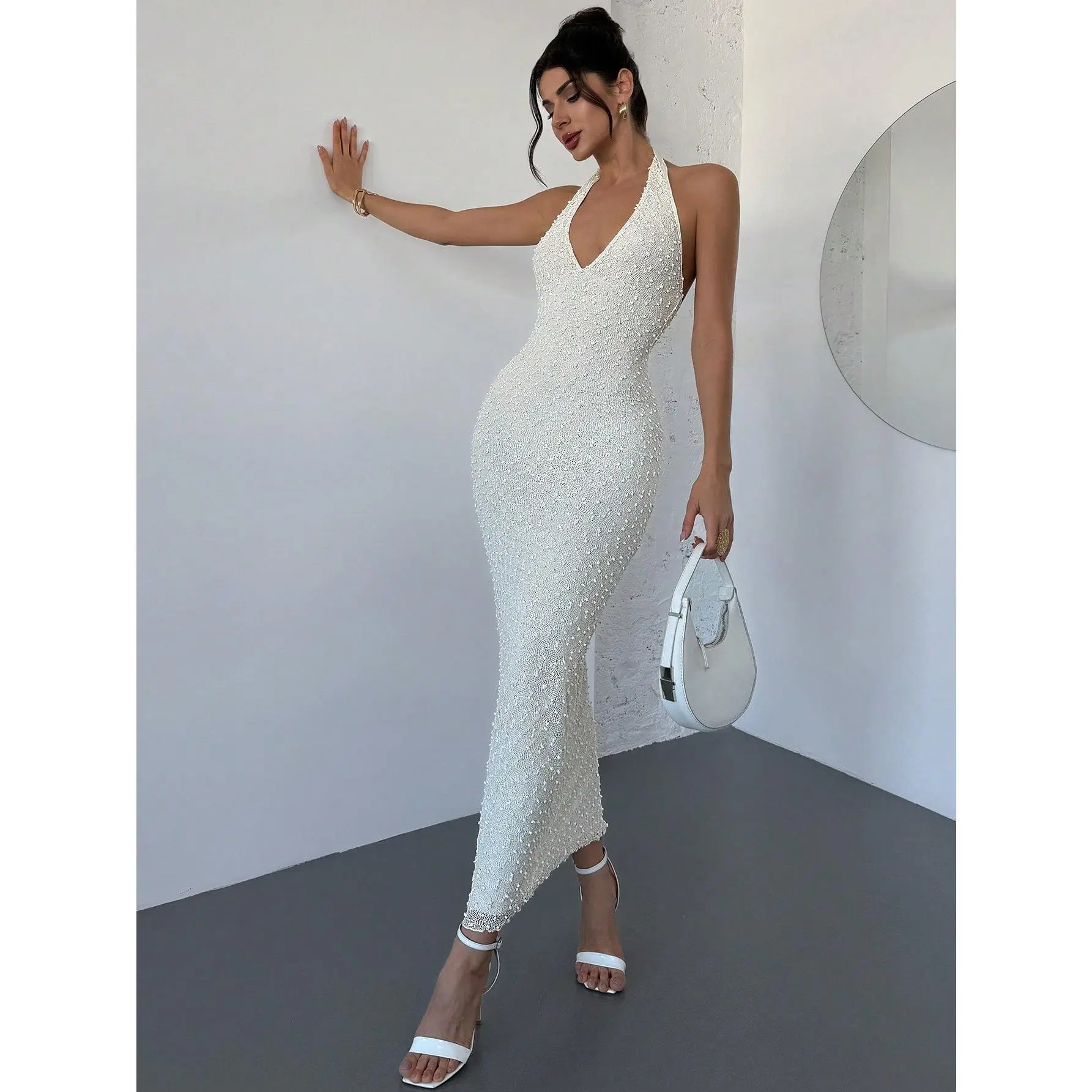 Women's Formal White Christening Maxi Dress - Summer Elegant Style, V-Neck, Textured Fabric, Tight Waist, Slim Fit, Feminine Sleeveless Design for Date Night, Graduation, Evening, Bridal, Lady, Going Out, Party Fit, Floor-Length