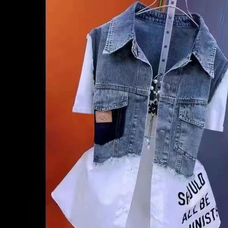 Women Denim Jacket Fake Two Denim Shirts 2025 New Spring Summer Autumn Casual Fashion Joker Stitching Striped Tops Coat Female