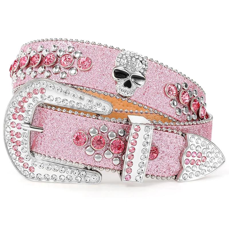 XZQTIVE Rhinestone Skull Sequins Belt for Men and Women - Sparkly Bling Diamond Studded Belt, Western Cowgirl Cowboy Style, Glamorous Accessory for Parties, Events, and Daily Wear