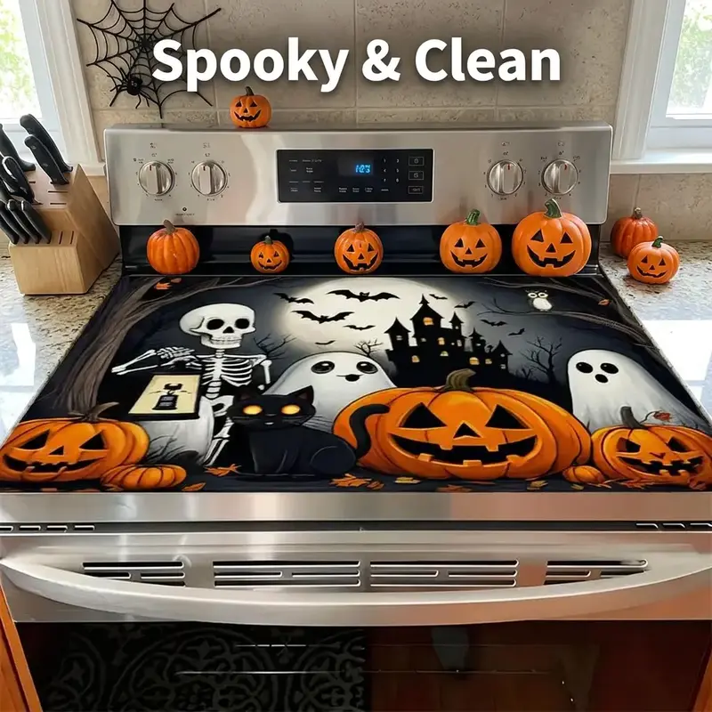 Soft Electric Stove Cover Cook Top Panel Protector Pad, Skull Ghost Pumpkin Design, Scratch Resistant, Easy to Clean, Multi-Purpose Kitchen Cover, Halloween, Thanksgiving, Autumn Decorations, Seasonal Decor