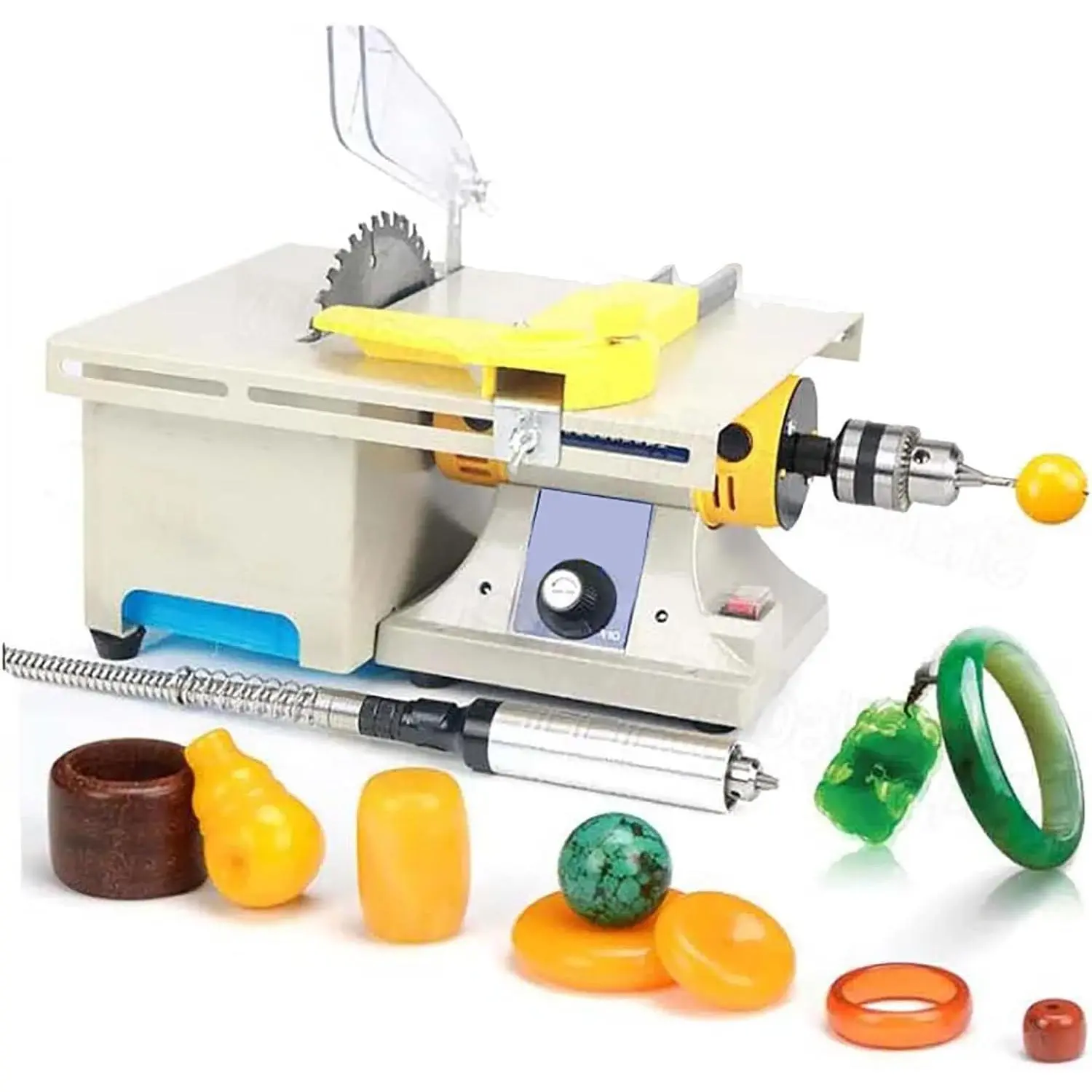 Rectangular Jewelry Lapidary Saw Complete Kit - 220V Right Benchtop Mini Table Saw for Rock Cutting, Polish Cut Grind, Grinding with Flexible Shaft, 0-10000rpm Speed Range