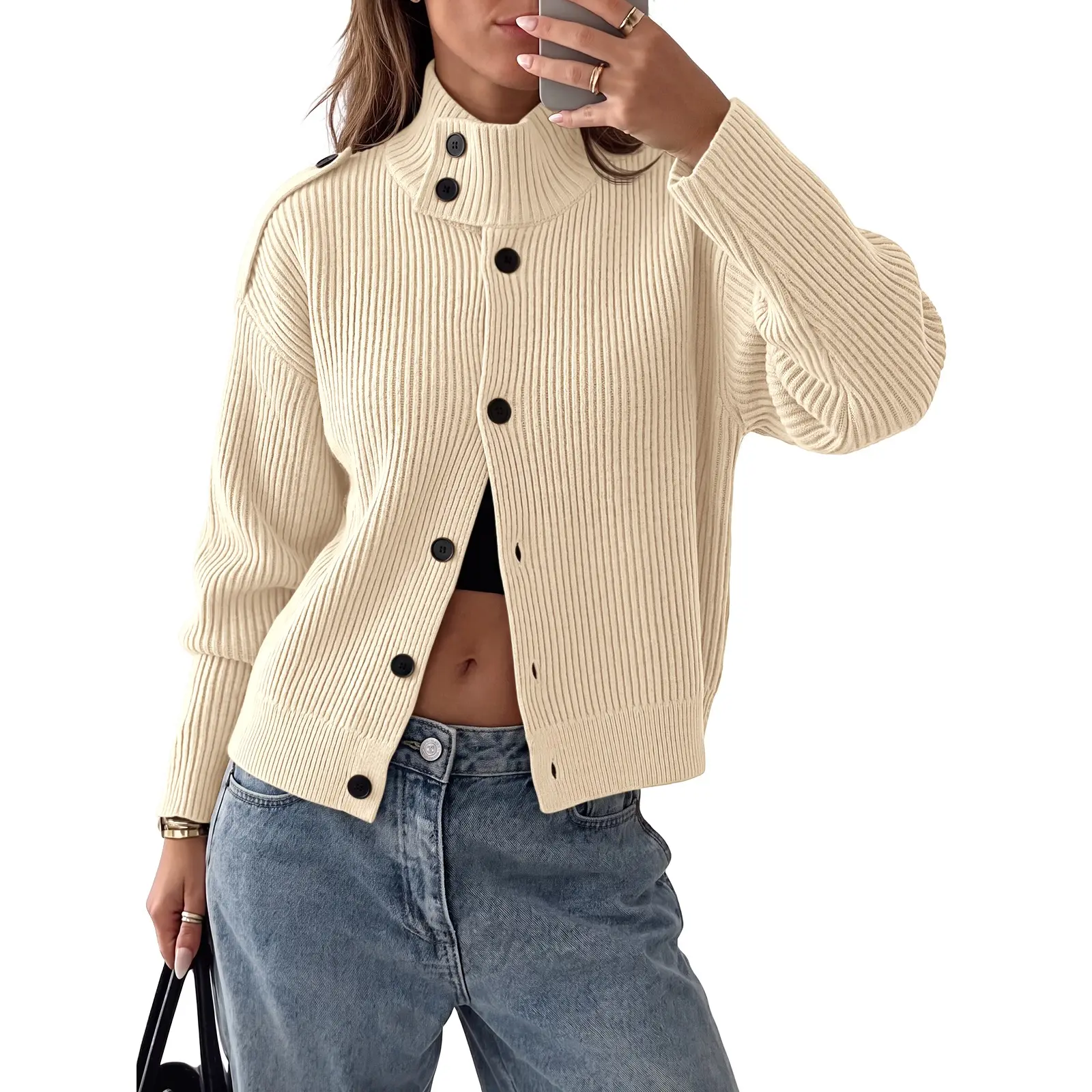 Saodimallsu Women's Minimalist Solid Button Mock Neck Cardigan Knitwear - Long Sleeves, Medium Length, Chunky Ribbed Knit, Warm Soft Basic, Machine Washable, 2026 Fall Winter Casual Outfits