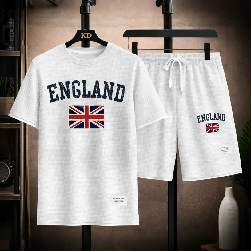 Men’s England Flag Graphic Print Textured 2-Piece Set, Short Sleeve T-Shirt and Drawstring Shorts Outfit, Casual Loose Fit Summer Matching Set, Lightweight Breathable Streetwear for Travel, Vacation, Daily Wear and Outdoor Activities