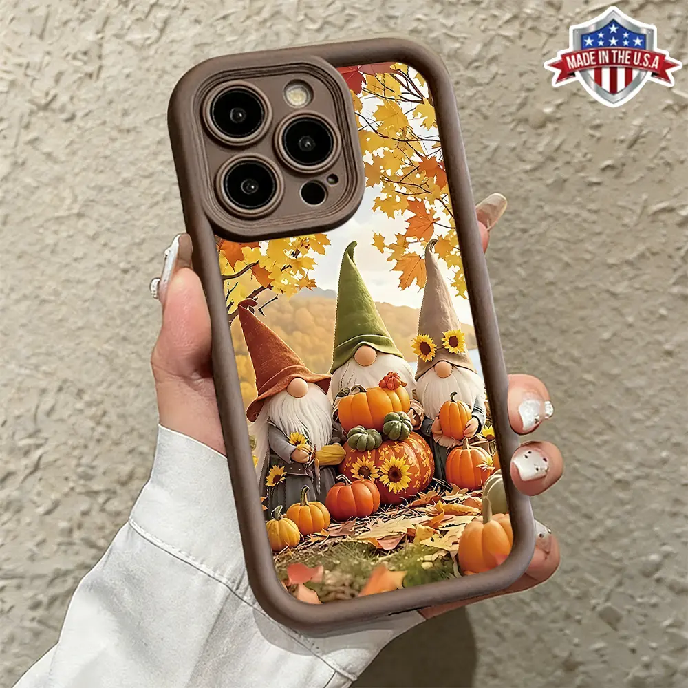 Cute Autumn Gnome Pumpkin Harvest Pattern Case for iPhone 17 16 15 14 Pro Max 13 12 11 XR XS Plus Air Slim Shockproof Anti Drop TPU Cover