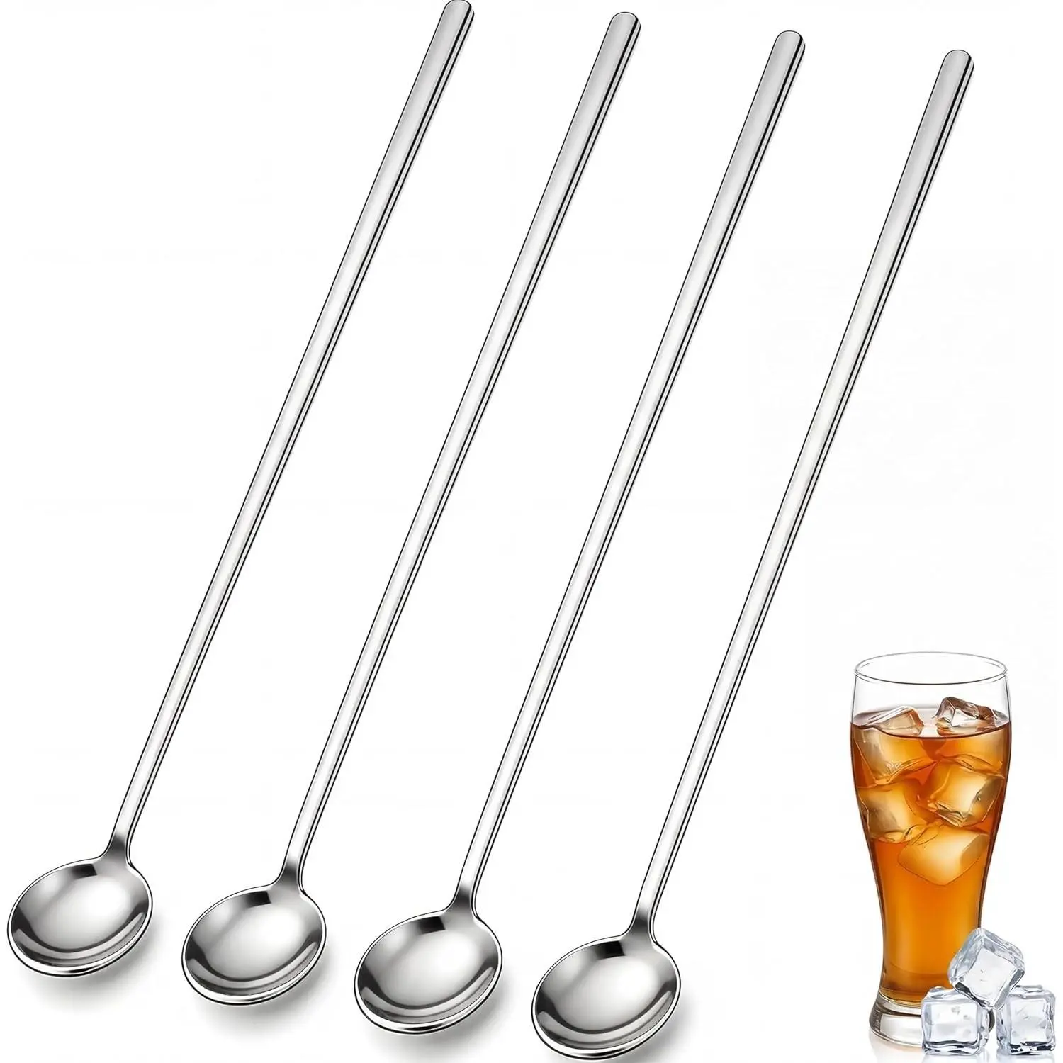 Sturdy 4-Pack Silver 304 Stainless Steel Coffee Spoons - 9.4-in Long Handle Utensils for Lattes, Cocktails, Glass Beverages - Home & Café Bar Kitchen Cutlery Accessories, Handy