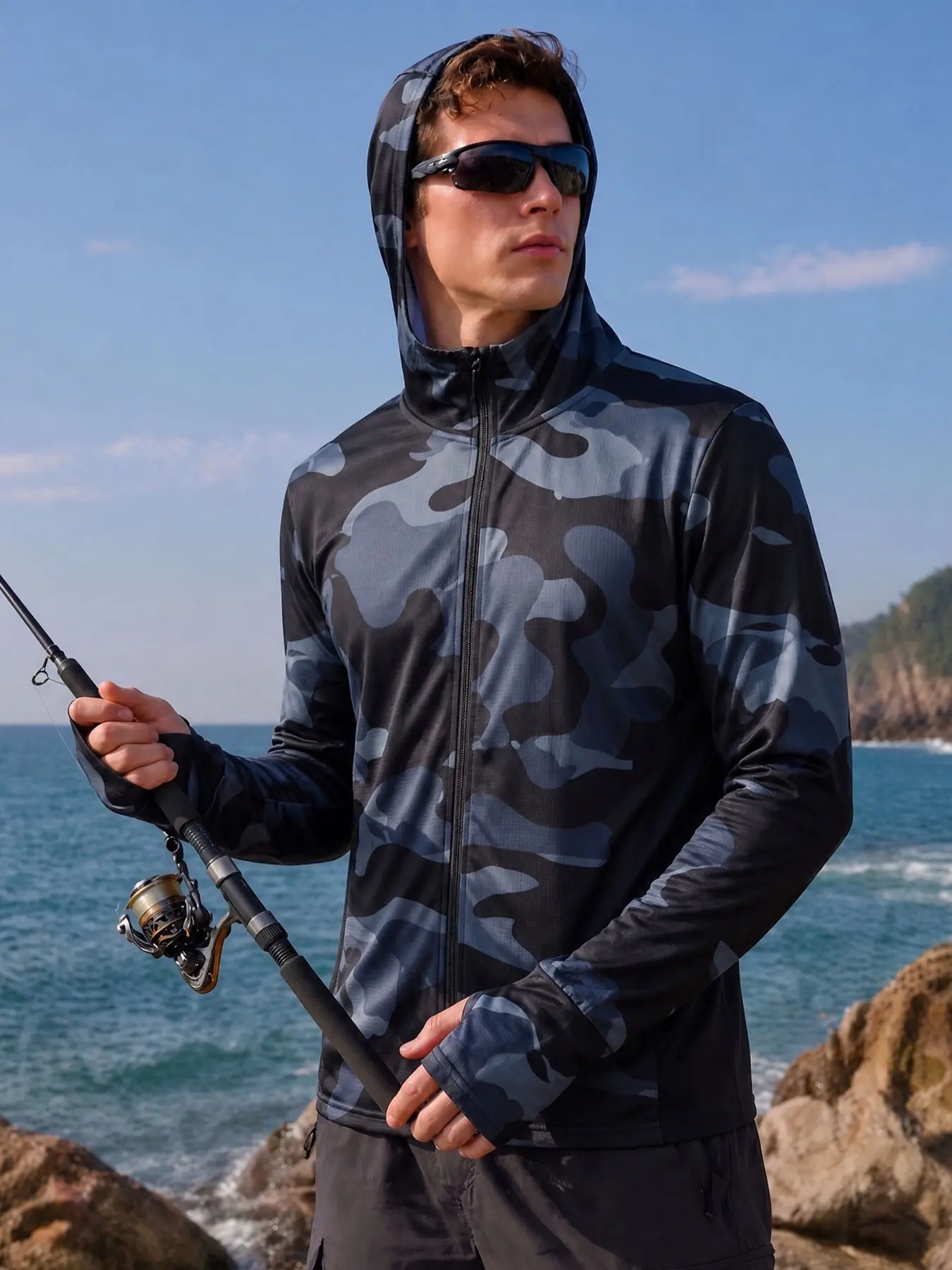 Men's Hooded Summer Fishing Suit, Quick-Dry Clothing, Sporty Hoodie with Thumbholes, Sun Protection Long Sleeve T-Shirt, UV-Blocking Jacket