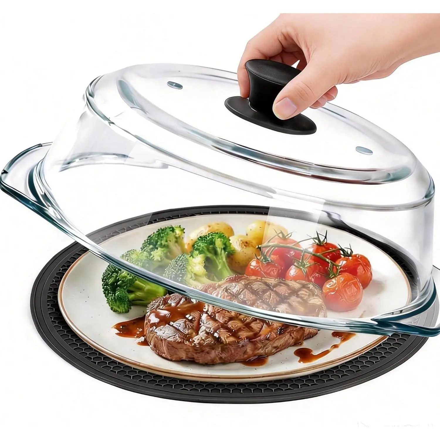 Kitchen Glass Microwave Splatter Cover with Place Mat - Sturdy Plate Guard Lid, Vent Holes, Easy-Grip Silicone Handle, BPA-Free, Dishwasher Safe (Black)