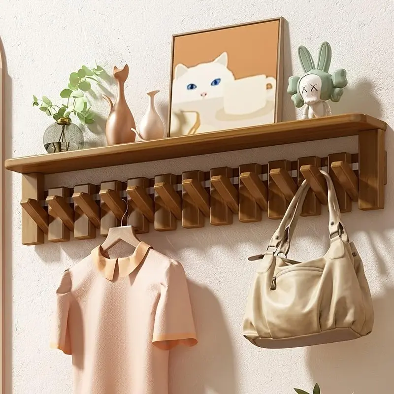 Wall Mounted Wooden Coat Rack with Shelf - Household Entryway Organizer with Coat Hooks for Jackets, Hats, Bags, Keys, Easy Installation for Room Decor Shelves, Minimalist