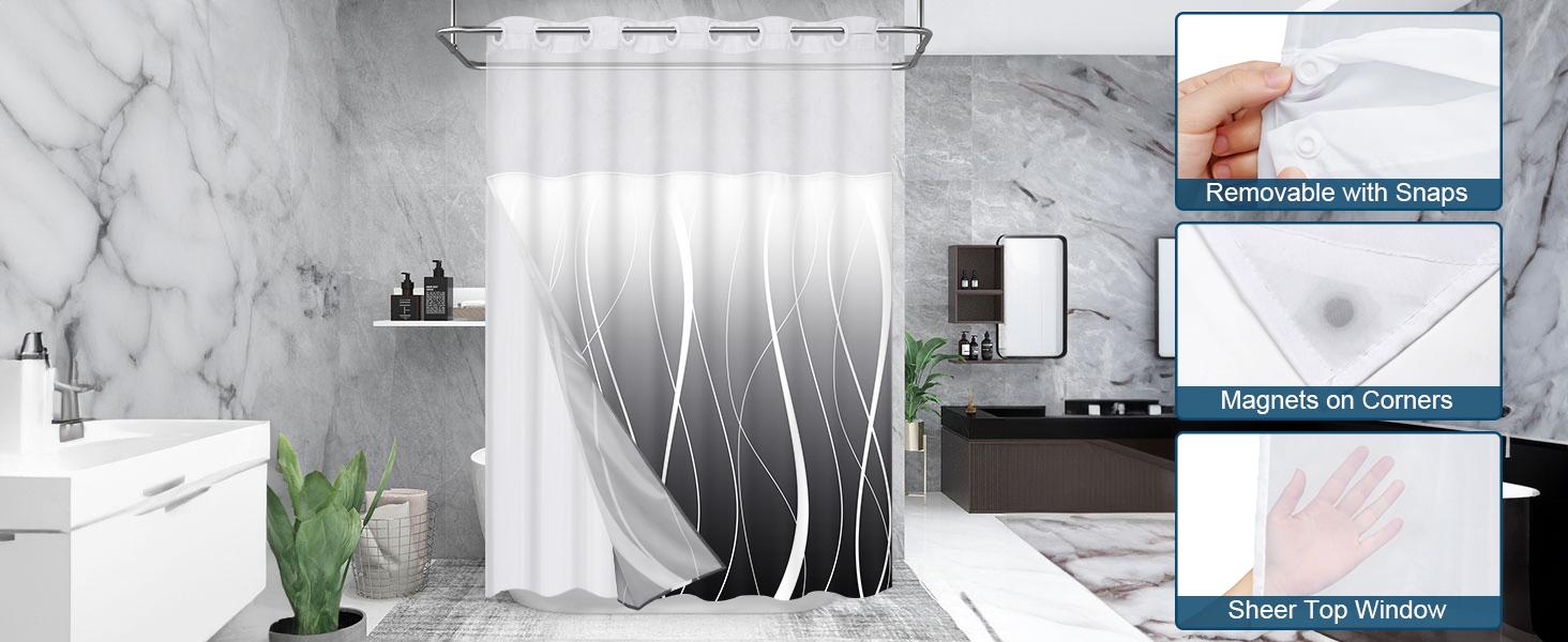 No Hook Shower Curtain with Snap in Liner, Modern Striped Hotel Shower Curtain and Liner Set, Ombre See Through Shower Curtain with Window, Double Layer, Washable