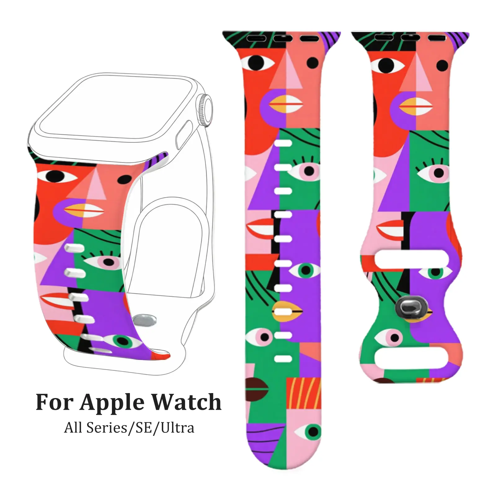 Colorful Abstract Face Geometric Print Silicone Strap, Waterproof Sweatproof Soft Fit, For Apple Watch Series 4/5/6/7/8/9/10 SE1/2 Ultra1/2/3, Women Men Teens, Art Show Street Party Travel, Birthday Gift.