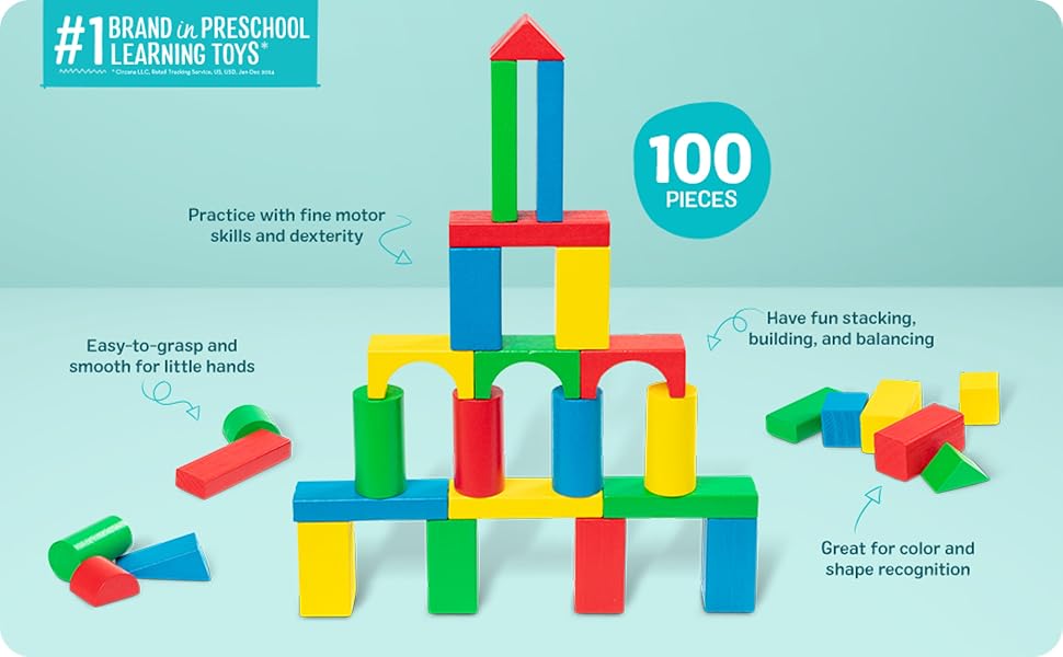 Wooden Building Blocks, 100-Piece Set of Sorting & Stacking Toys in 4 Colors and 9 Shapes, Classic Toddler Toys for Girls & Boys Ages 2+ - FSC Certified