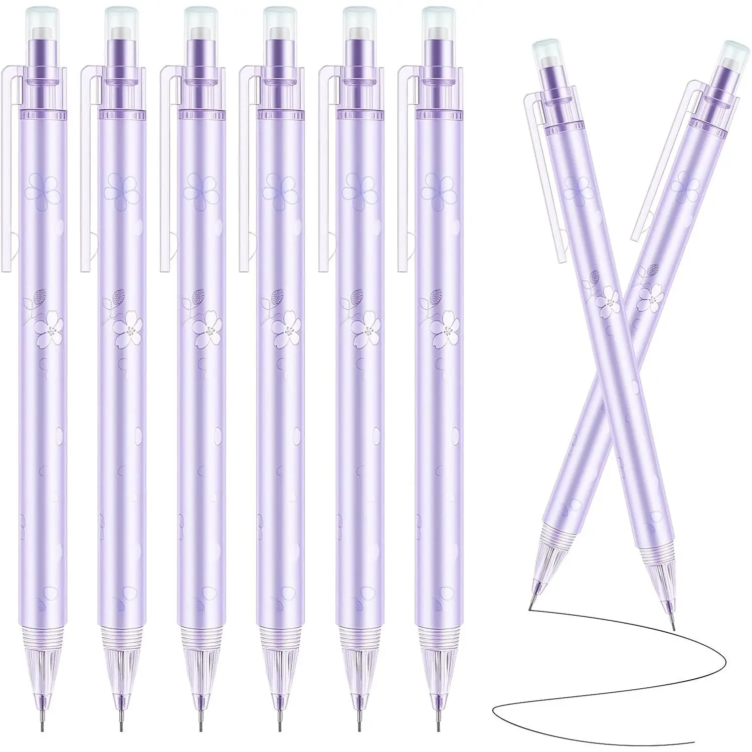 6Pcs Purple Cherry Blossom Mechanical Pencils, 0.5mm & 0.7mm Pencils, Cute Purple Cherry Blossom Design with Kawaii Mechanical Pencils, Smooth Writing for School, Office and Daily Use