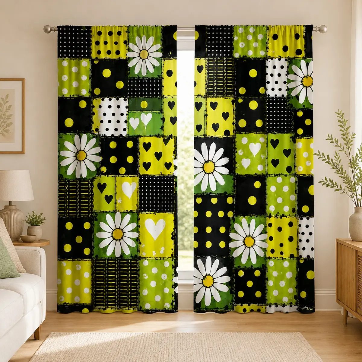 Two-piece yellow-green plaid daisy and heart print curtain set, single-sided printing, semi-blackout with rod pockets, available in multiple sizes, fade-resistant, suitable for bedroom, kitchen, and living room decor (rod not included).