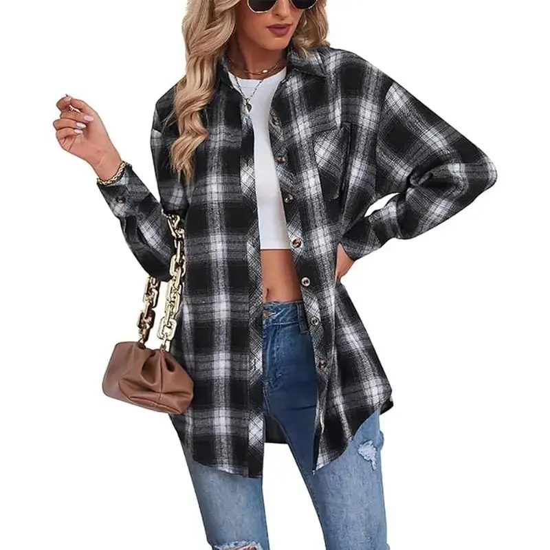 Women's Plaid Shirt Checked Oversized Blouse Long Sleeve Shirt Elegant Shirt Tops