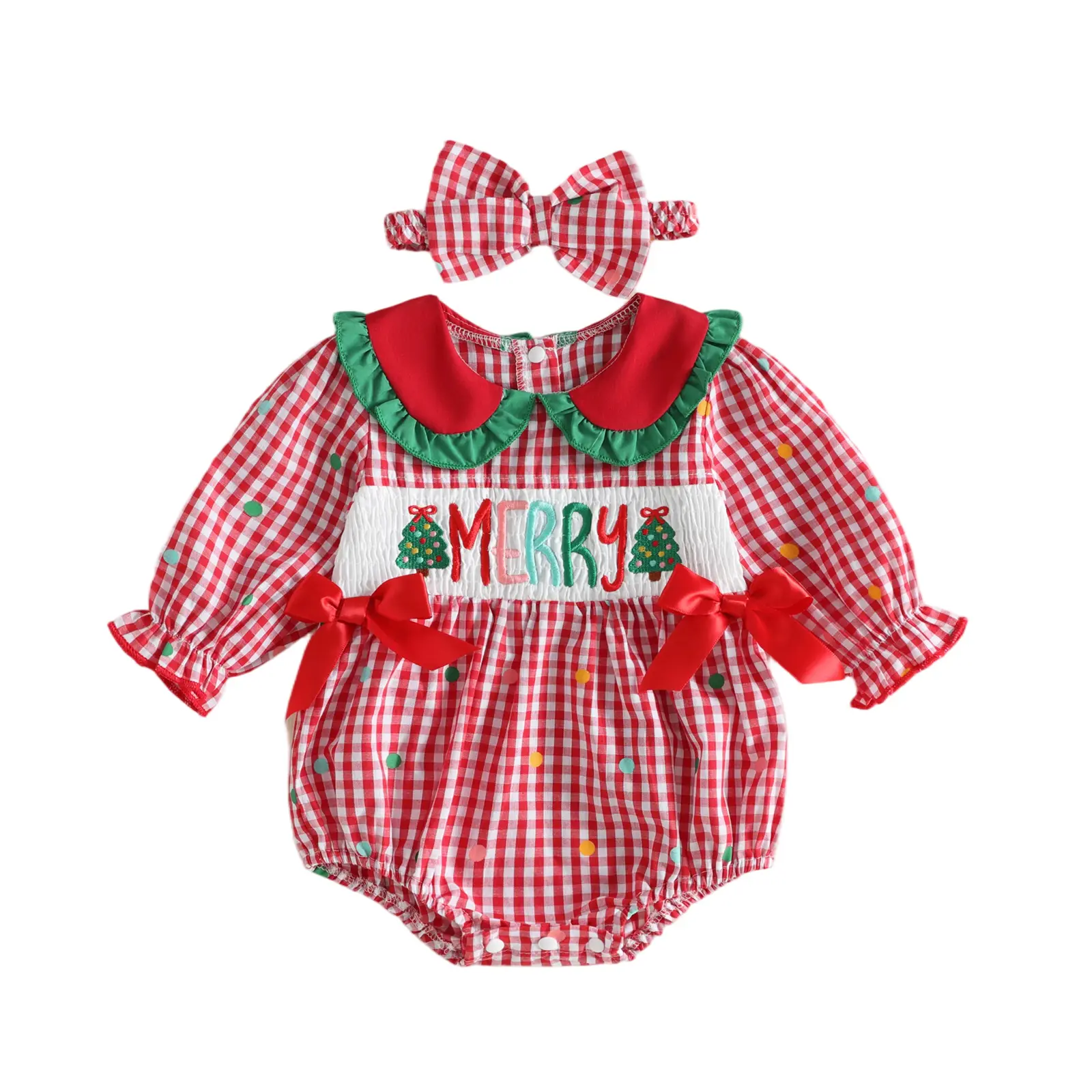 Newborn Baby Girl Christmas Outfit Bubble Romper Long Sleeve Jumpsuit with Bow Headband Cute Newborn Girl Clothes