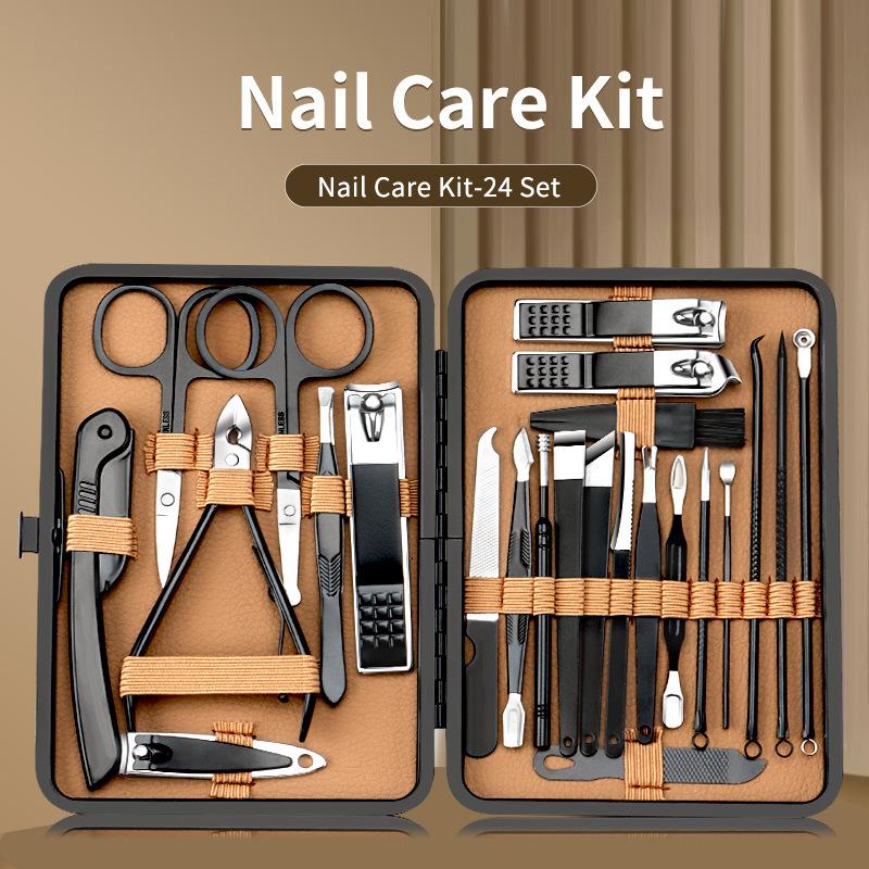 24Pcs Professional Manicure Set, Black Stainless Steel Nail Clipper Kit with Travel Case, Portable Grooming Scissors & Pedicure Tools for Hand Facial Foot Care, Ideal Gift for Men and Women