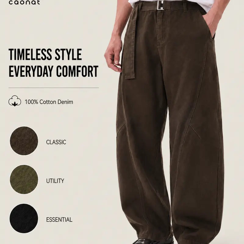 Men’s Vintage 100% Cotton Wide-Leg Pants, Relaxed Baggy Fit with Curved Seam Detail and Adjustable Belt, Retro Streetwear Trousers