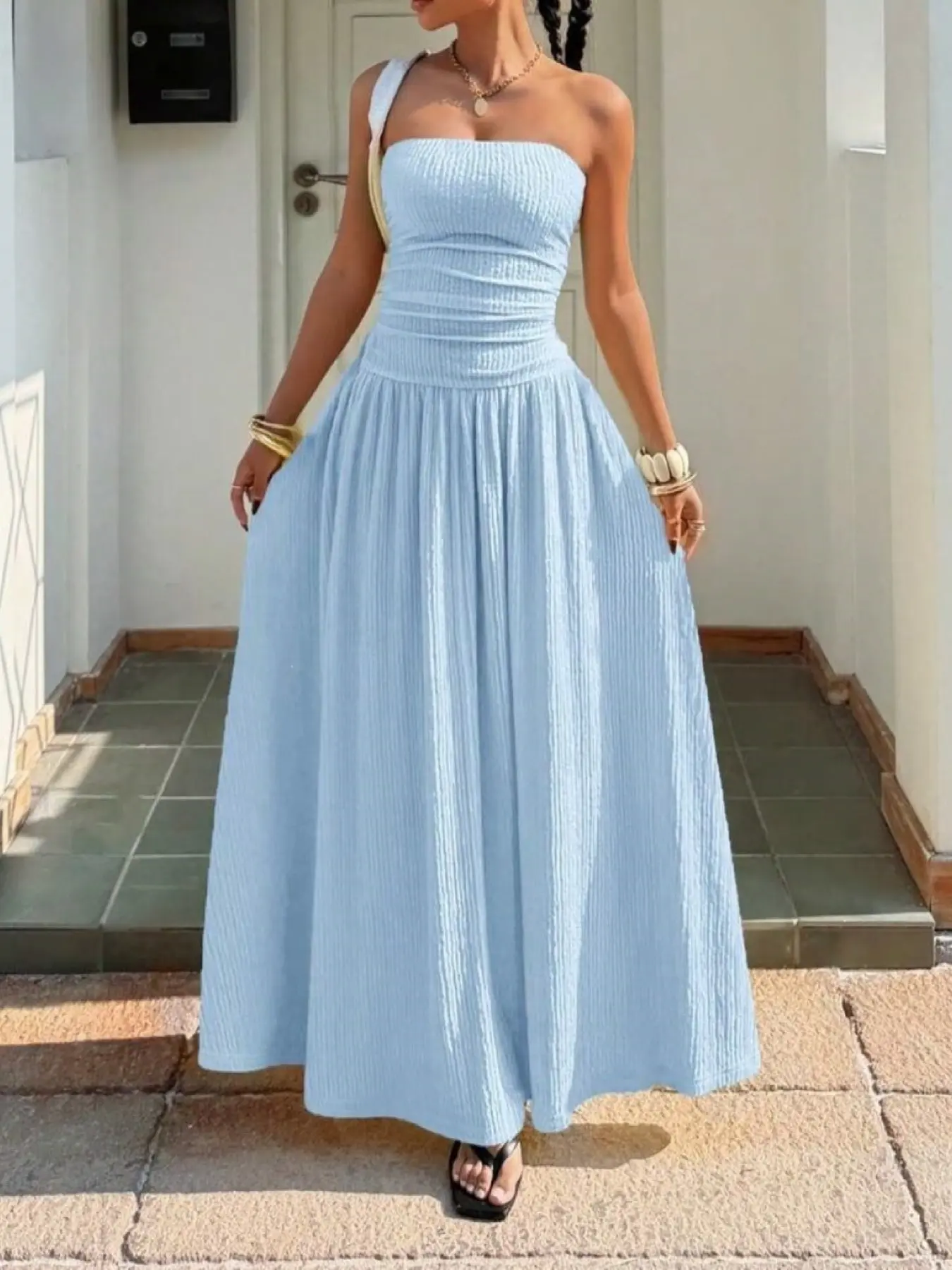 Women's Summer Daily French Sweet Chic Style Vertical Striped Waist Fitted Strapless Bandeau Dress Home Outdoor City Slim Trendy Casual Wear Elegant Youthful Simple Versatile Texture Stylish Artsy Casual Beach Sundress Casual Dresses