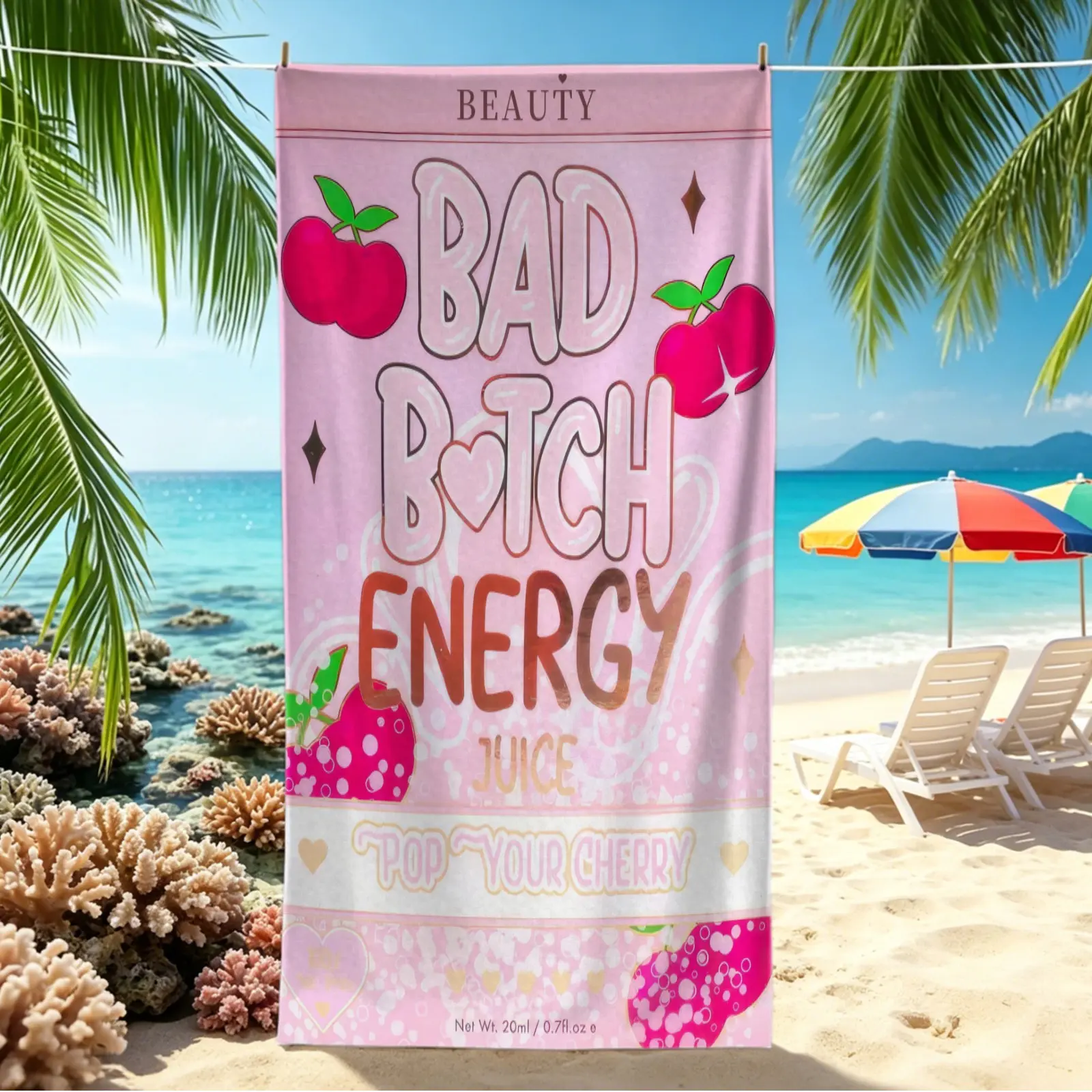 "Bad Bitch Energy" Fun Print Design Beach Towel, Quick Dry Microfiber Beach Towel, Absorbent Oversized Pool Towel, Perfect for Beach, Pool & Summer Travel