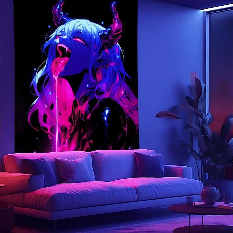 darkness|      Anime Design Neon Tapestry Mysterious Pink Demon Pattern Black Light Aesthetic Room Decoration Party Abstract Theme UV Reactive Wall Tapestry  floral pattern tapestry Hanging Decorative