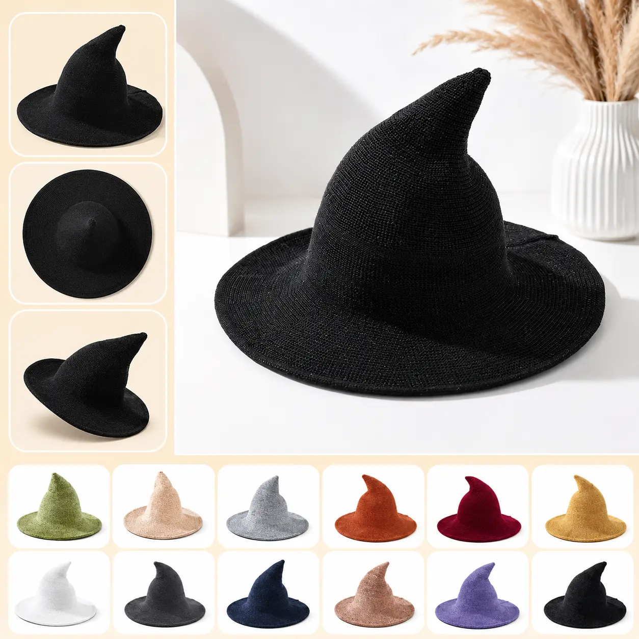 Unisex Wool Witch Hat - Pointed Tip, Slip-On, Adjustable Fit Halloween Costume Cap for Party & Cosplay (Bag Accessory for DIY Luggage & Bags)