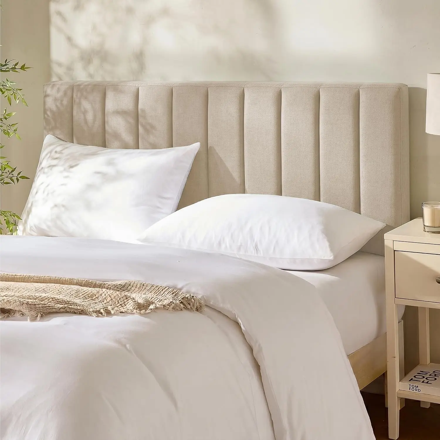Upholstered Queen Headboard - Easy Assemble Channel Stitched Headboard Queen Size - Wall Mounted Headboards with 3D Soundproof Wall Panels Peel & Stick Floating Headboards, Beige