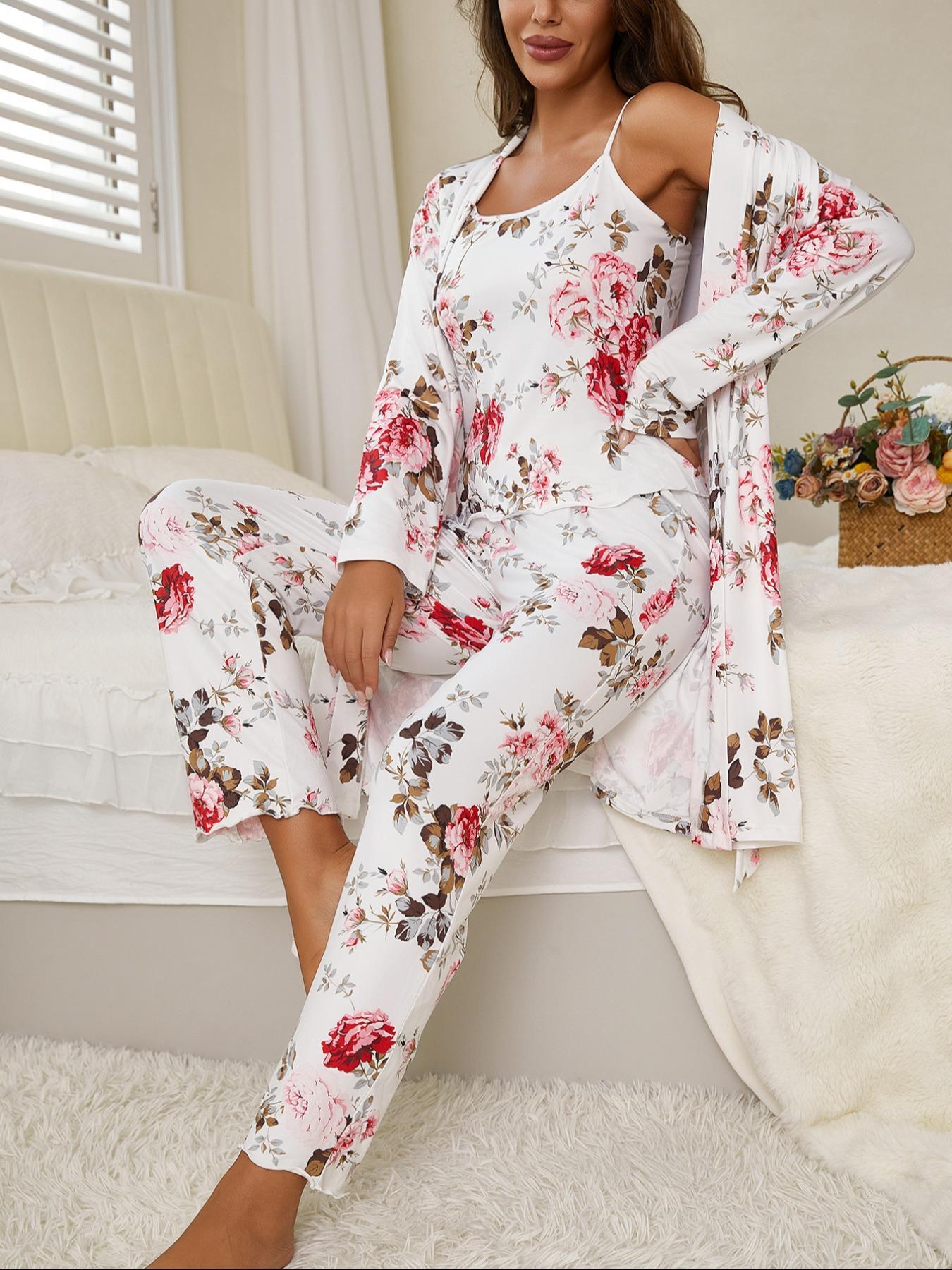 Women's All Over Floral Print Pajama Set, Long Sleeve Open Front Outwear & Pants & Cami Top, Casual Comfy Fitted Sleepwear Set for Women, Loungewear, Knit, Camisole Women's All Over Floral Print Pajama Set, Long Sleeve Open Front Outwear & Pants & Cami Top, Casual Comfy Fitted Sleepwear Set for Women, Loungewear, Knit, Camisole