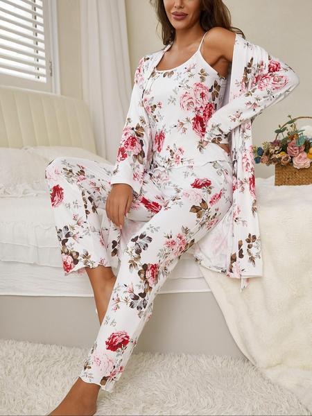 Women's All Over Floral Print Pajama Set, Long Sleeve Open Front Outwear & Pants & Cami Top, Casual Comfy Sleepwear Set Loungewear for Women