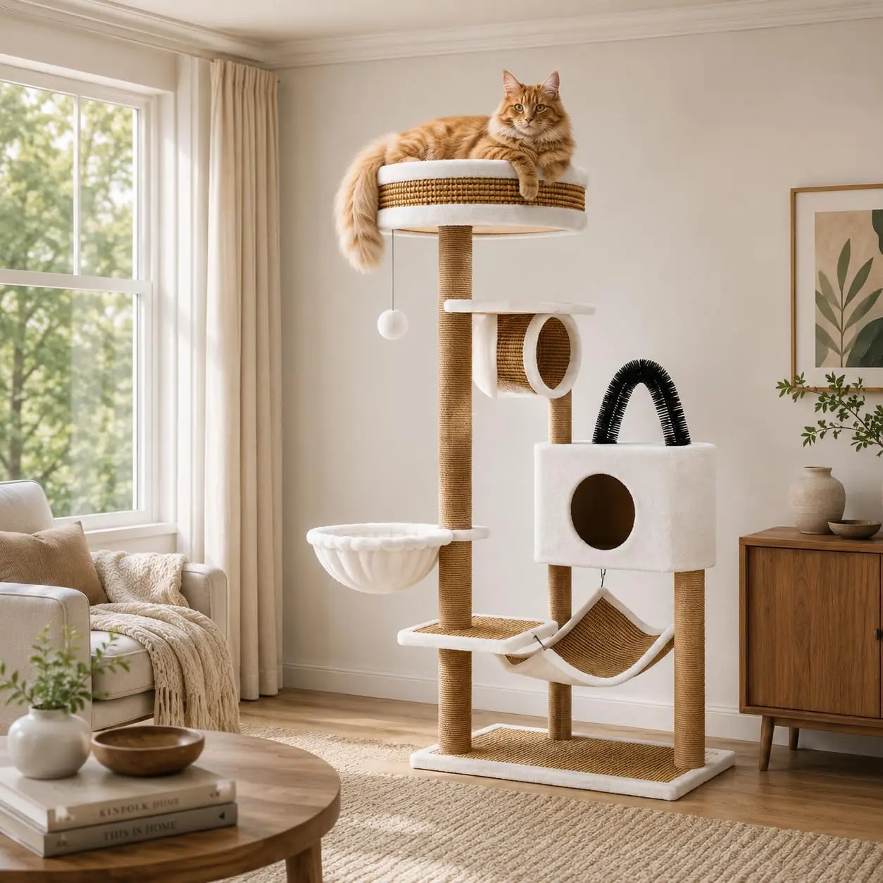 Modern Large Multi-Level Cat Tree Tower with Vine Mat Sloped House, Hammock, Perches & Scratching Posts, Perches & Posts